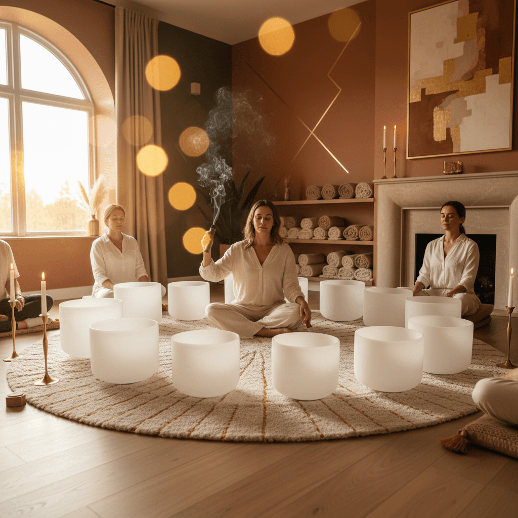 Larissa Steinbach from Soul Art Dubai leading a serene sound wellness session, with imagery of tranquil nature, birdsong, and flowing water, emphasizing authentic nature sound recordings.