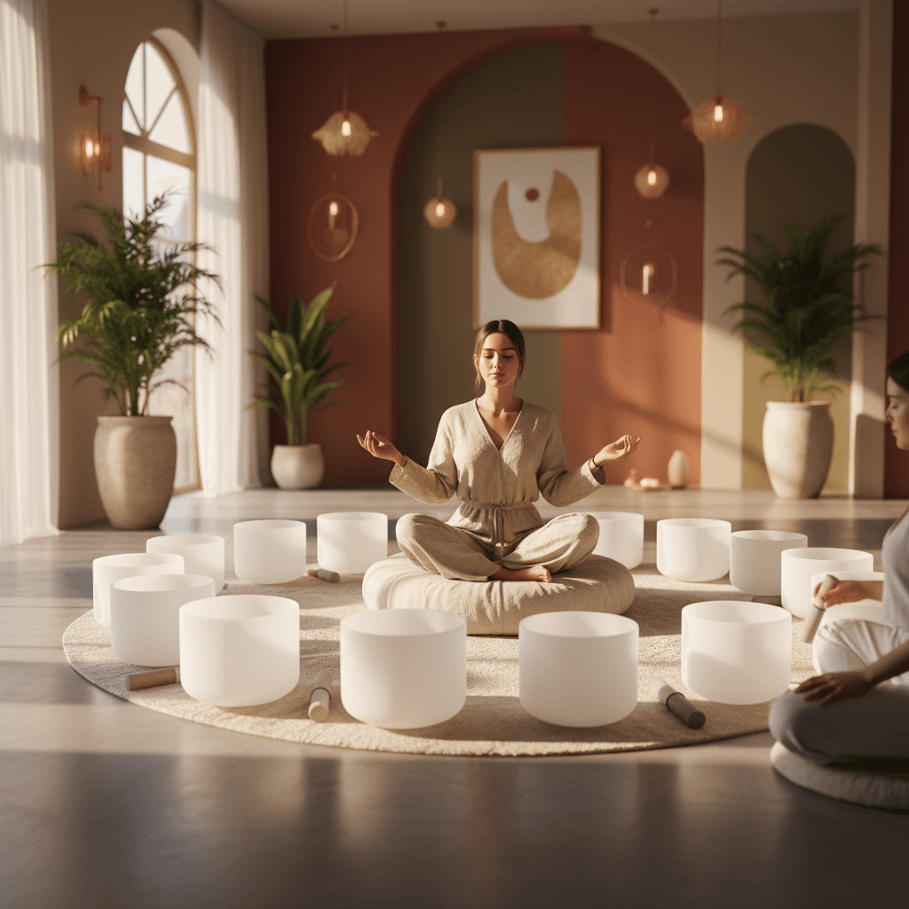Larissa Steinbach guiding a sound wellness session at Soul Art Dubai, featuring imagery evoking natural forest sounds and tranquil environments, promoting relaxation and mental well-being with nature's sounds.