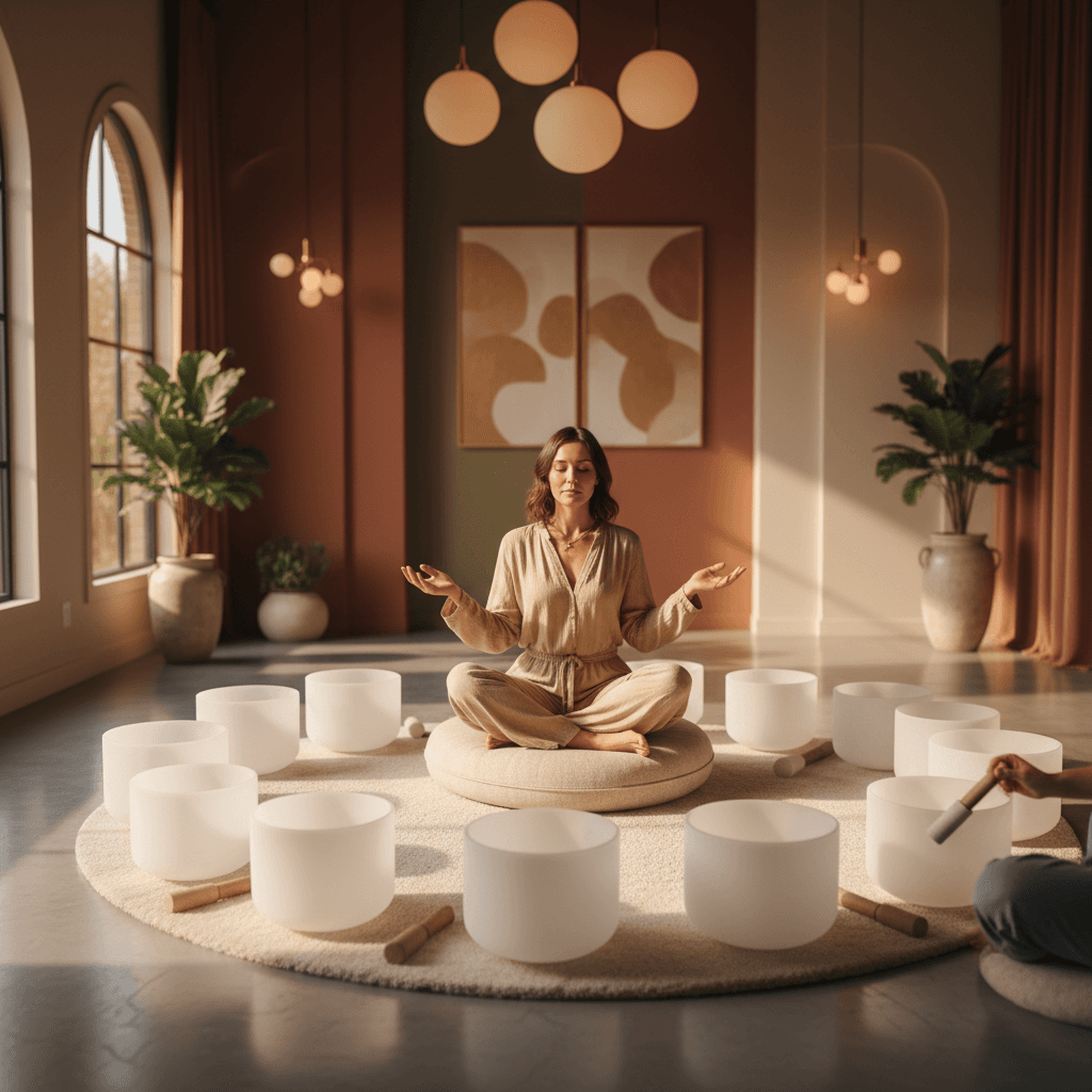 Eine meditierende Person umgeben von sanften Klängen und Licht, die die transformative Kraft der Klangintegration symbolisiert. Soul Art und Larissa Steinbach fördern ganzheitliches Wohlbefinden in Dubai.