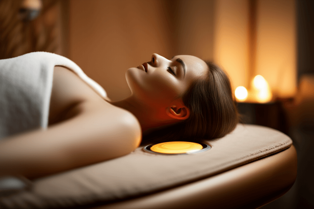 Eine Person mit entspannten Nackenmuskeln, umgeben von sanften Klangwellen, die die harmonisierende Wirkung von Klang-Wellness bei Nackenschmerzen symbolisieren. Angeboten von Soul Art und Larissa Steinbach.