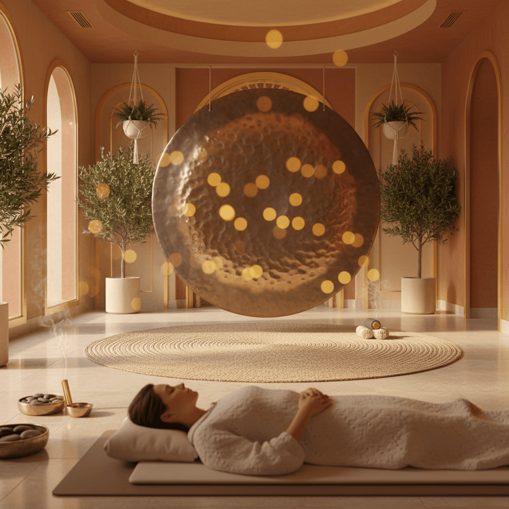 سيدة مسترخية في جلسة حمام صوتي مريحة، تعكس تصميم سول آرت الصديق للأشخاص ذوي الدماغ العصبي، بقيادة لاريسا شتاينباخ لتعزيز الرفاهية الحسية.