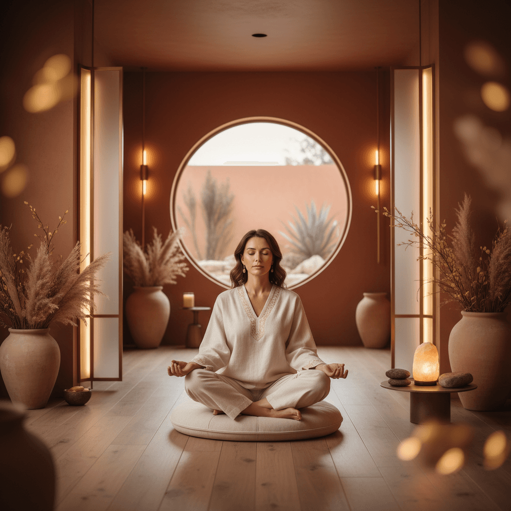 امرأة تستمع إلى سماعات رأس أثناء جلسة تدريب الدماغ بالارتجاع العصبي في استوديو سول آرت بقيادة لاريسا ستاينباخ، دبي.