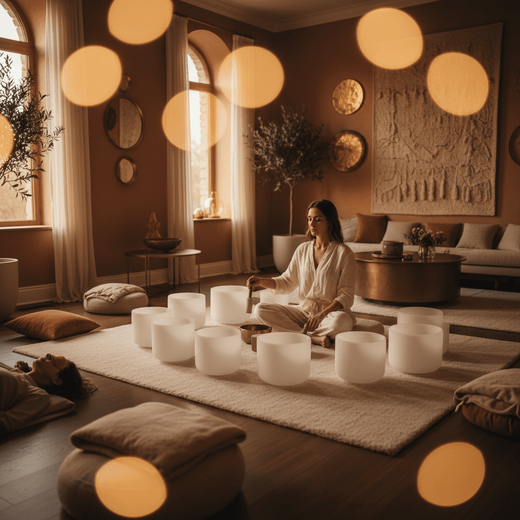 A tranquil scene of a person meditating during a New Moon Sound session at Soul Art Dubai, led by Larissa Steinbach, surrounded by crystal singing bowls, symbolizing intention setting and deep relaxation.