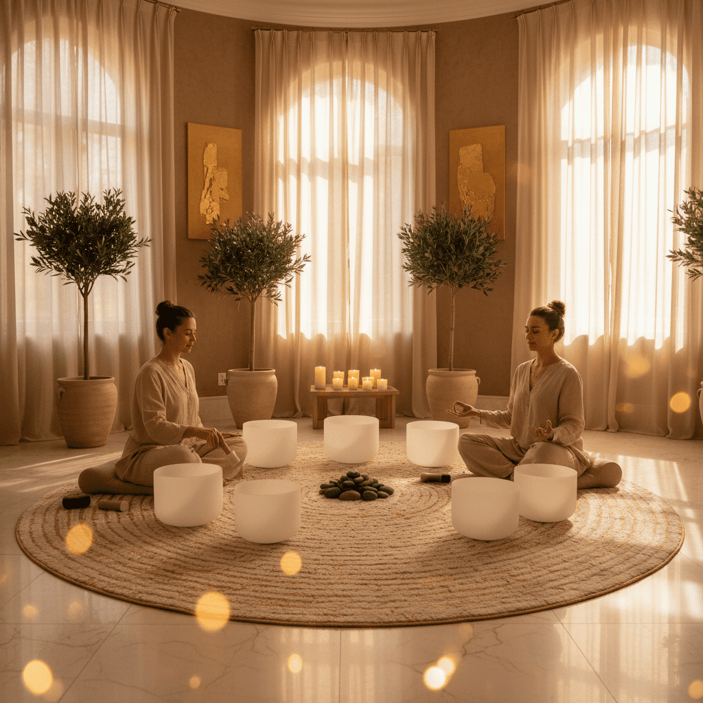 جلسة عافية صوتية هادئة في سول آرت بدبي أثناء المحاق، حيث تقوم لاريسا شتاينباخ بتوجيه المشاركين في تحديد النوايا وسط الأوعية الكريستالية