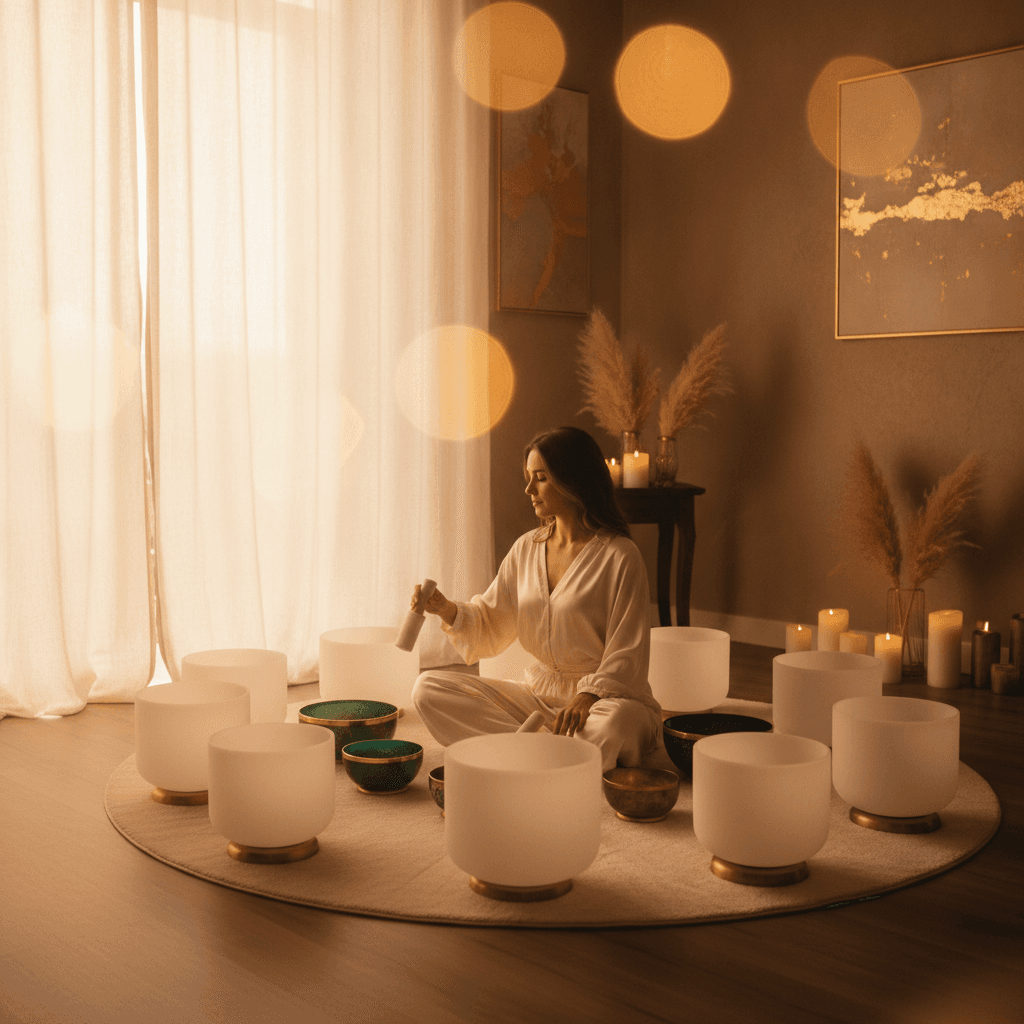 Larissa Steinbach guiding a transformative New Moon Sound Ritual at Soul Art Dubai, promoting deep relaxation and personal reset through vibrational sound healing and mindful intention setting.