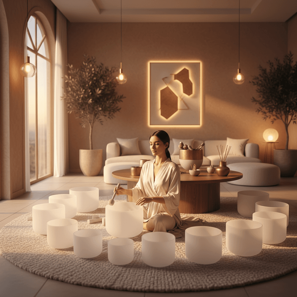 A serene new mother deeply relaxed during a sound wellness session, surrounded by crystal bowls at Soul Art Dubai, facilitated by Larissa Steinbach.