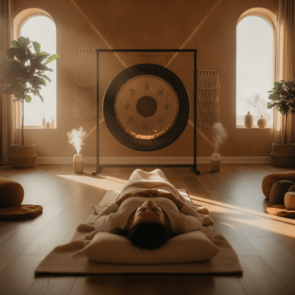 A serene individual experiencing a sound bath, with glowing singing bowls and ambient light. Features Soul Art Dubai branding and the vision of Larissa Steinbach, emphasizing holistic sound wellness for a New Year ritual.