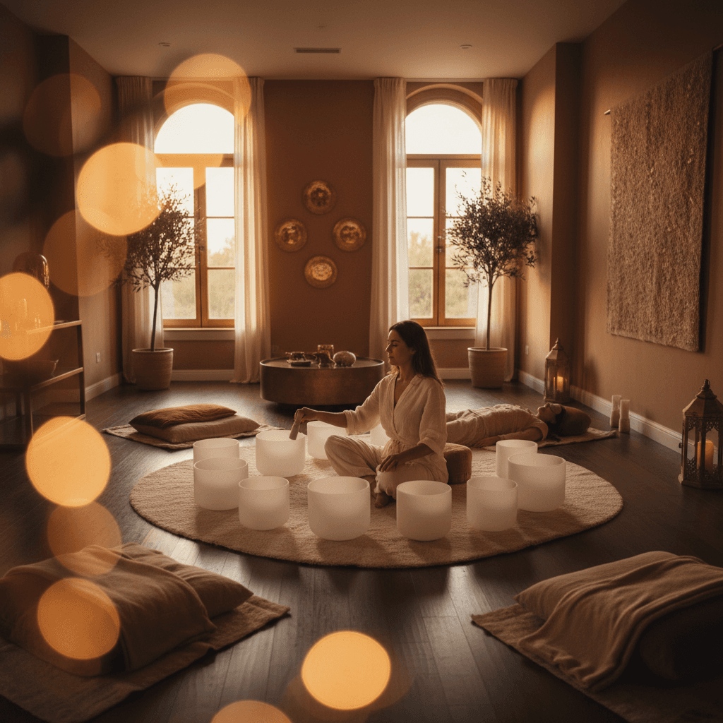 A person in deep meditation amidst glowing sound bowls, symbolizing renewal and fresh start frequencies at Soul Art Dubai, guided by Larissa Steinbach.