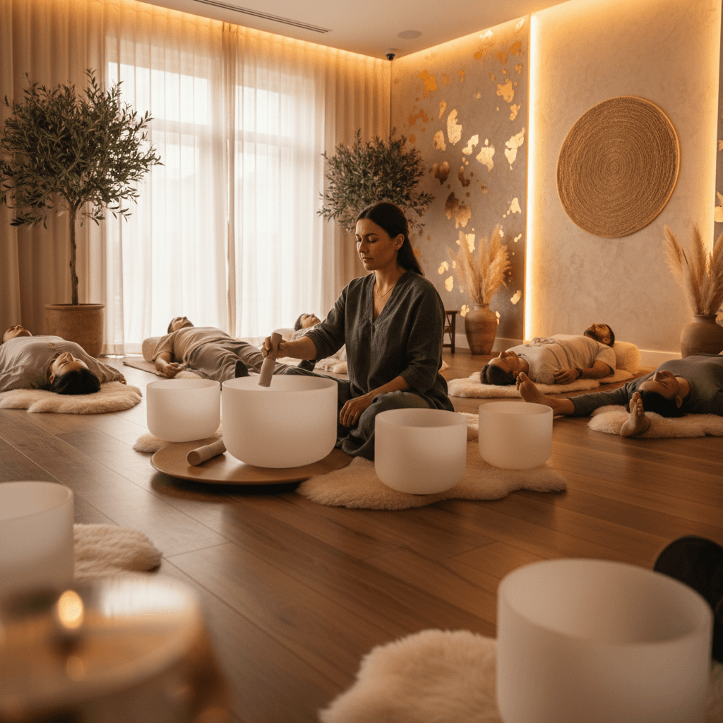 Eine Frau in tiefer Meditation, umgeben von sanft leuchtenden Klangschalen, die Entspannung und Fokus symbolisieren. Ein Beispiel für die spezialisierte Klang-Wellness-Reise bei Soul Art von Larissa Steinbach.