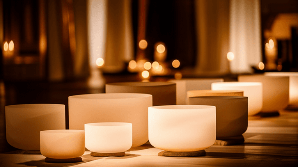 A person meditating during a sound bath session at Soul Art Dubai, with Himalayan singing bowls and gongs. Larissa Steinbach's studio offers holistic support for nicotine cessation.