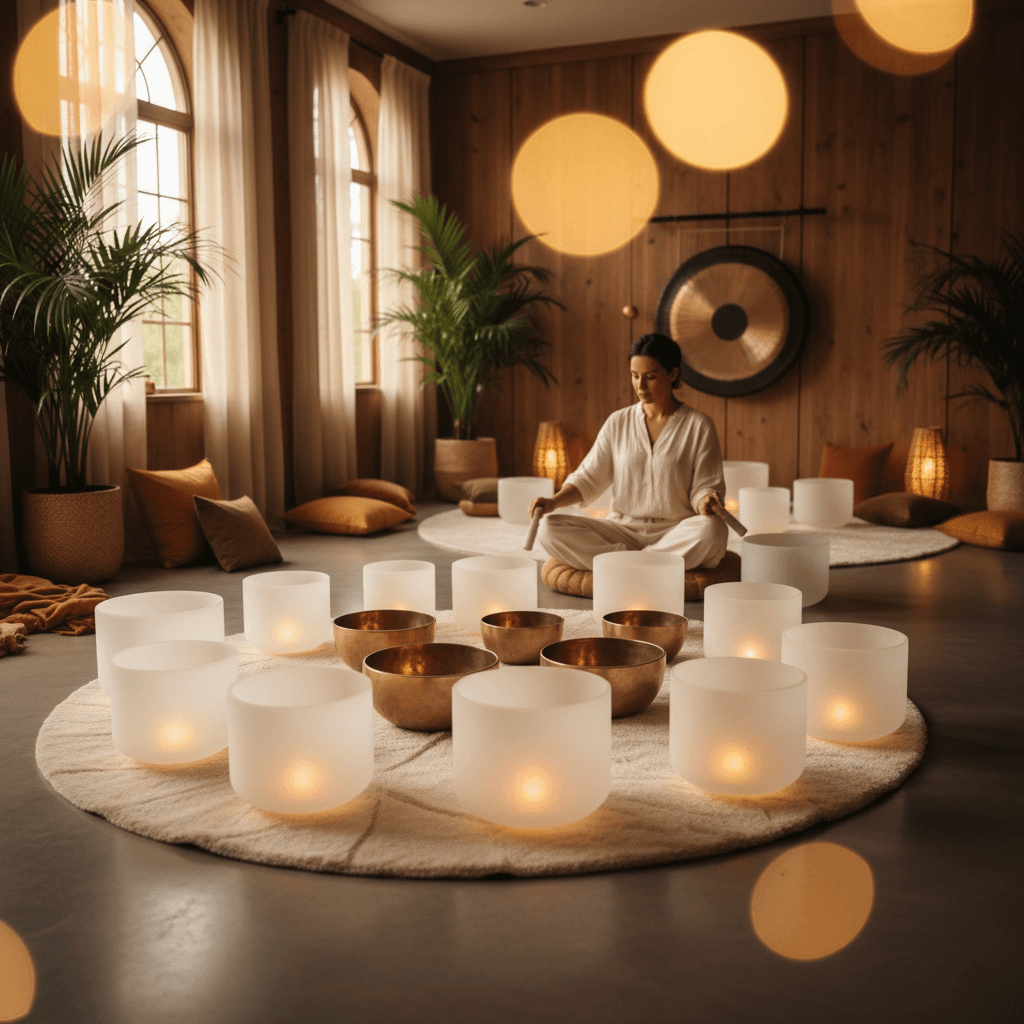 A nurse in scrubs meditating amidst glowing, resonant singing bowls, symbolizing wellness and stress relief. Image highlights Soul Art and Larissa Steinbach's dedication to holistic well-being.