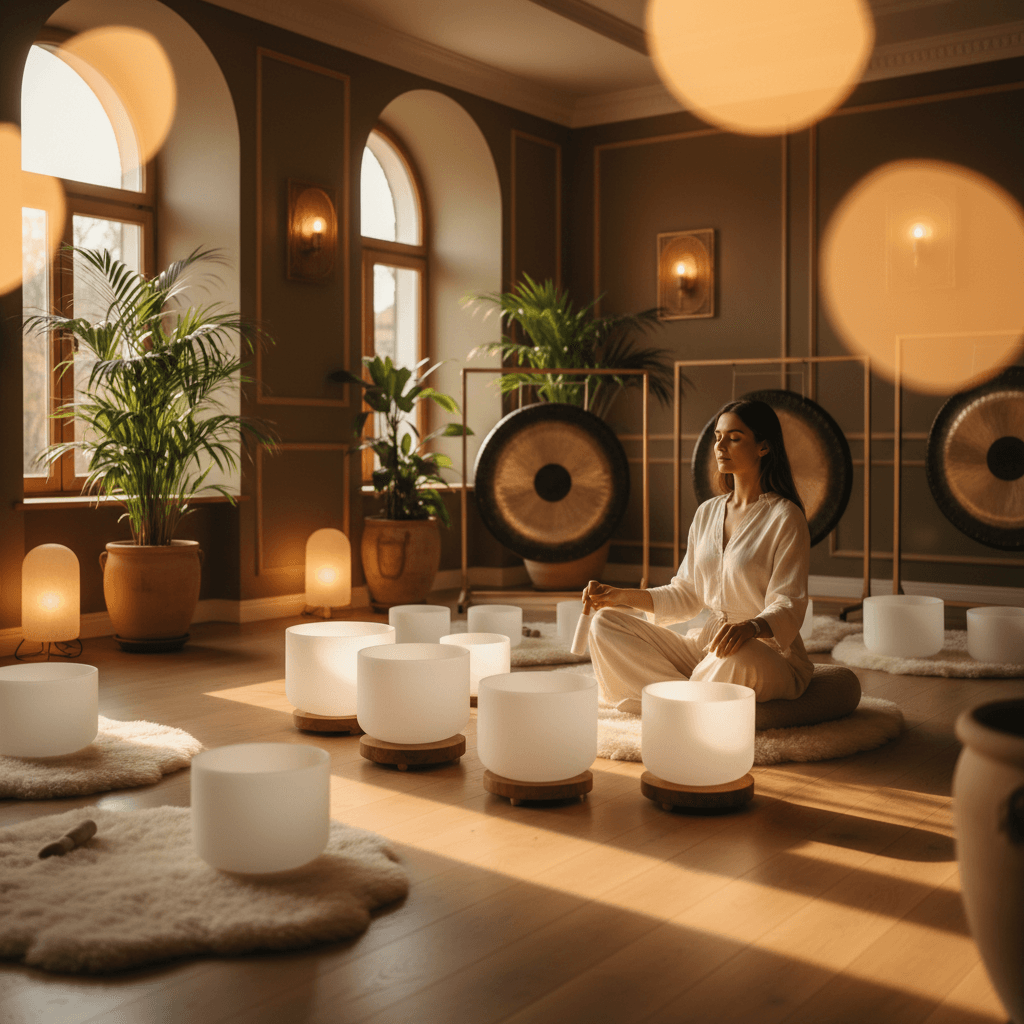 Larissa Steinbach of Soul Art leading an OM chanting session, with participants enveloped in a serene, resonant atmosphere, focusing on sound, breath, and cultural respect for enhanced well-being.