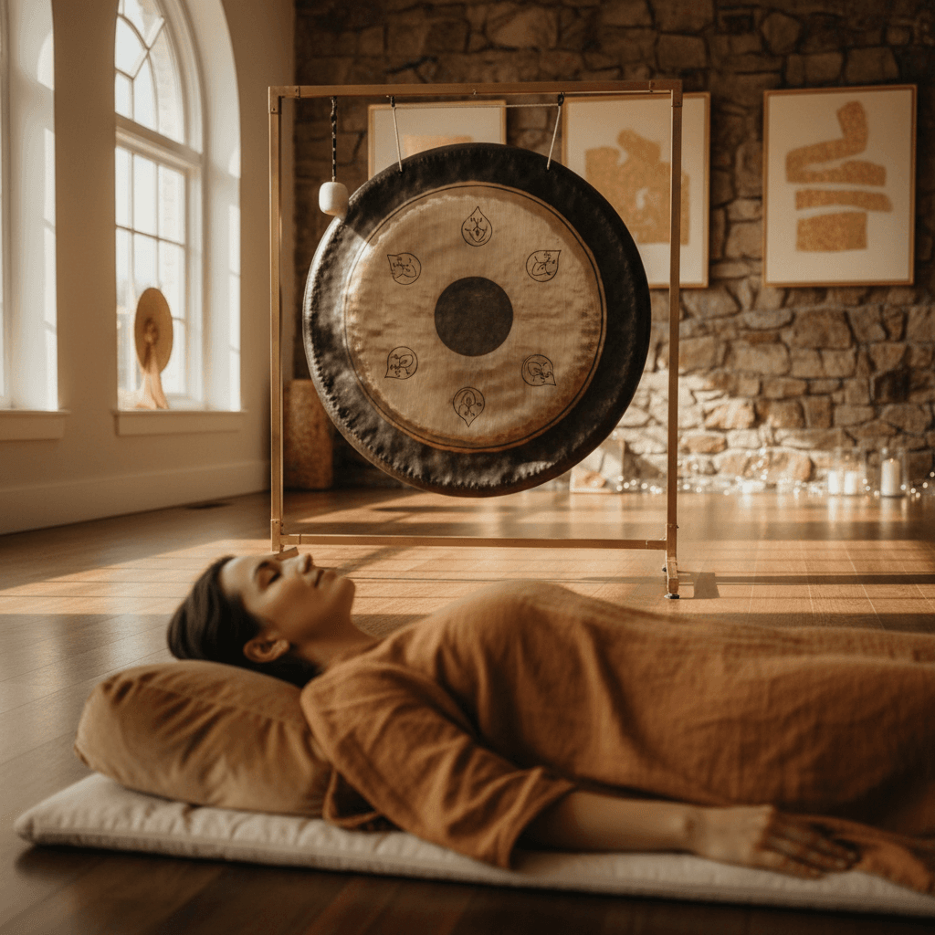 Larissa Steinbach of Soul Art Dubai demonstrating a minimalist One Bowl Sound Bath session with a beautifully resonant crystal singing bowl, promoting deep relaxation and focused wellness.