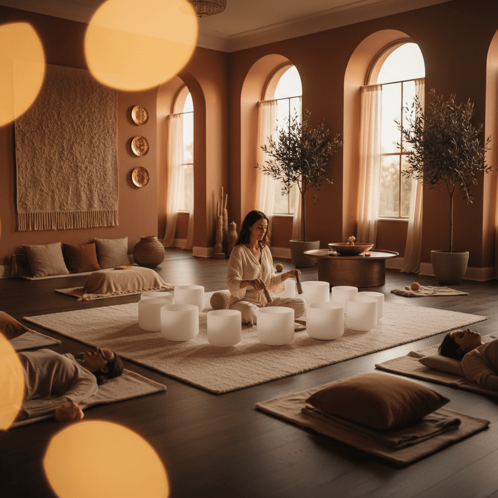 Larissa Steinbach from Soul Art guiding a virtual sound healing session with singing bowls, gongs, and other instruments, promoting remote relaxation and stress relief in a serene virtual setting.