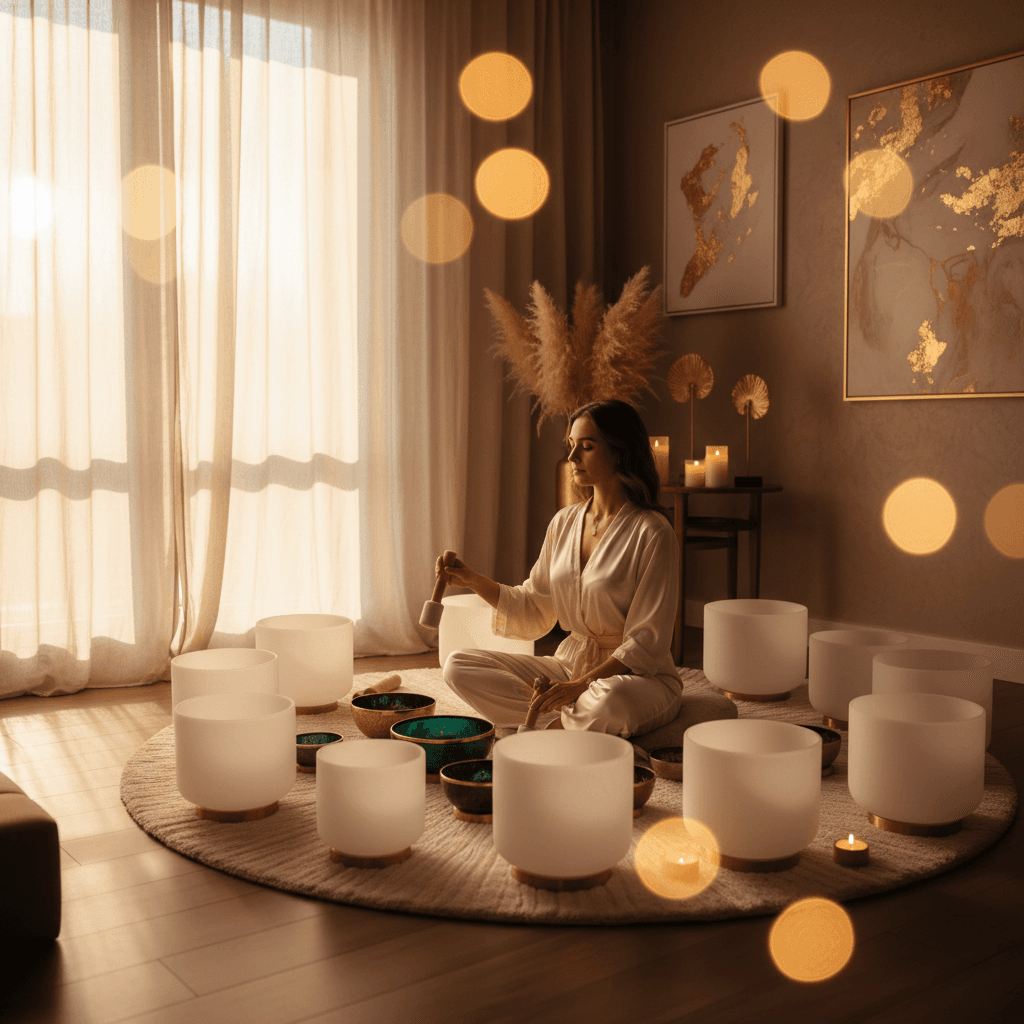 A person meditating with sound bowls, illustrating deep relaxation and recovery from stress. Soul Art Dubai, led by Larissa Steinbach, offers transformative sound wellness experiences.