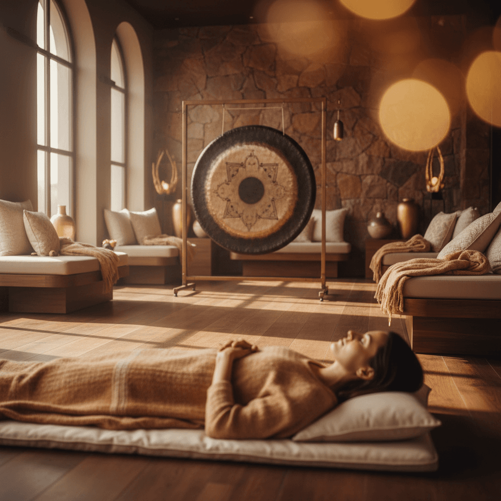 Larissa Steinbach facilitates an intentional sound bath at Soul Art Dubai, surrounded by crystal bowls and gongs for deep well-being and relaxation.