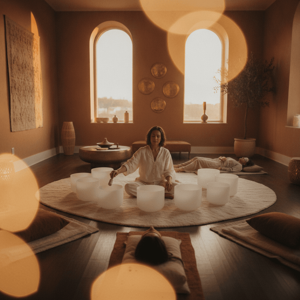 Larissa Steinbach of Soul Art leading a serene group sound session, with participants in deep relaxation and instruments like gongs and singing bowls visible.