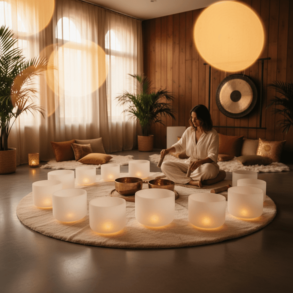 Eine Person entspannt sich inmitten von Klangschalen bei einer Morgen-Klang-Session, die von Larissa Steinbach bei Soul Art Dubai geleitet wird, um das Orexin-System zu unterstützen.