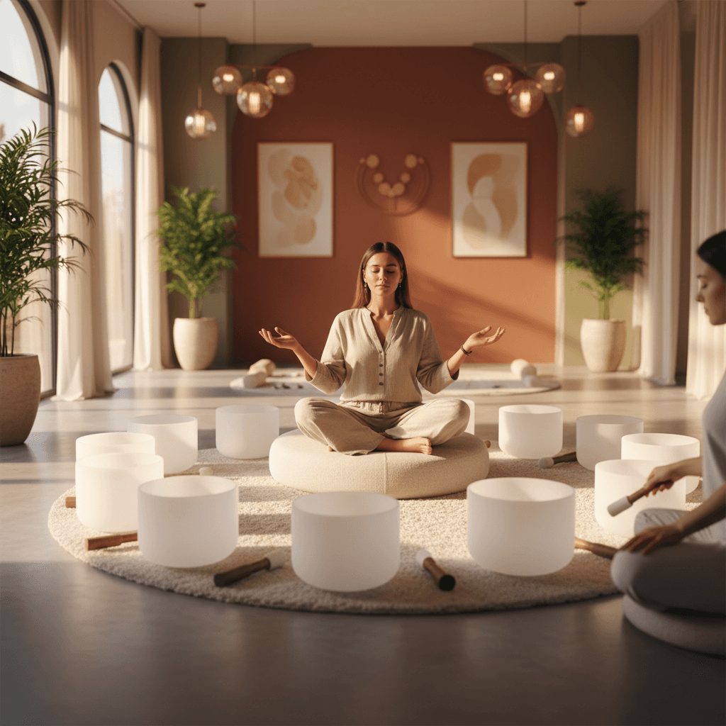 Larissa Steinbach von Soul Art leitet eine Outdoor-Klangsitzung mit Klangschalen an einem Waldrand, umgeben von Bäumen und sanftem Licht, was die synergetische Wirkung von Natur und Klang für tiefes Wohlbefinden und Entspannung demonstriert.