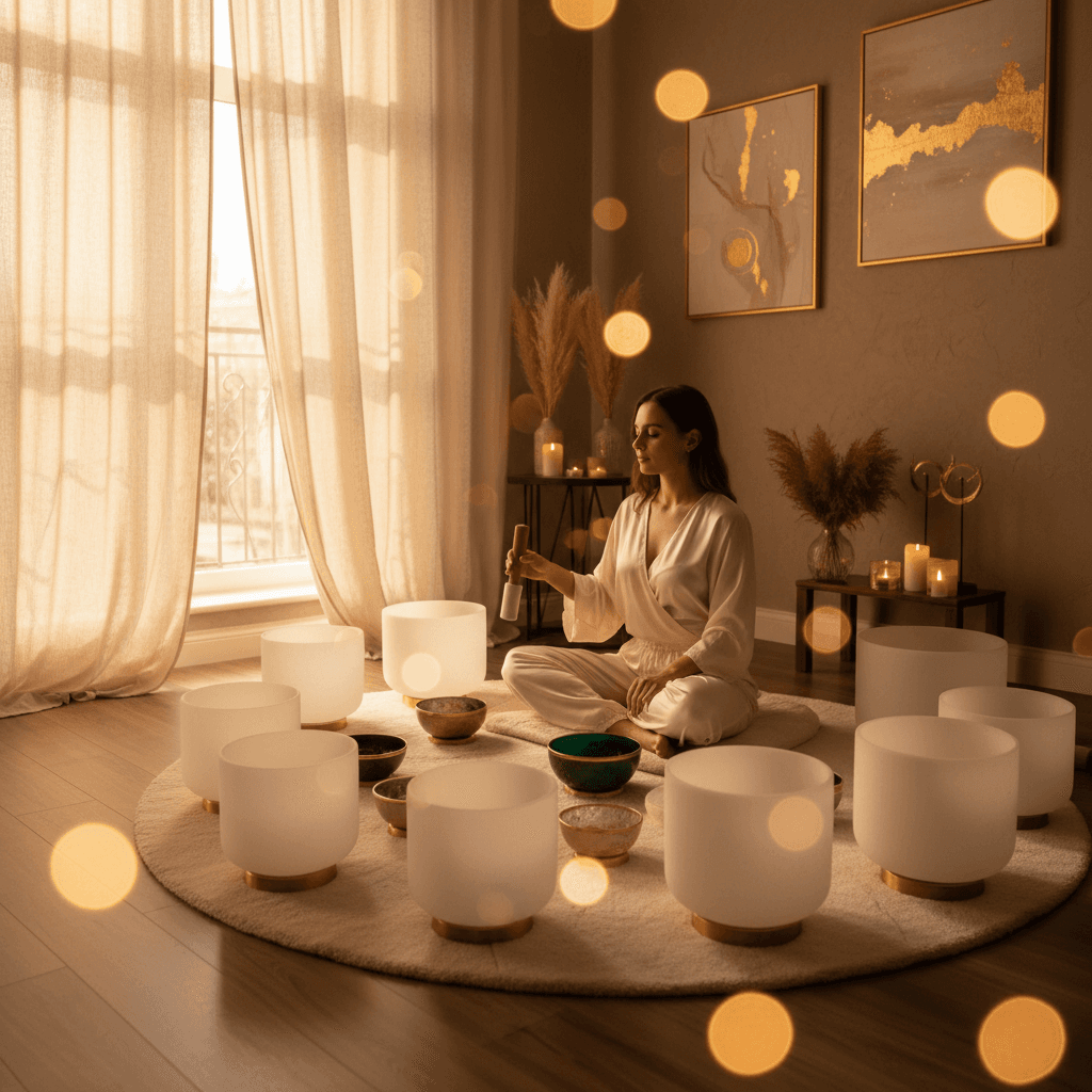 A woman gently humming, eyes closed, surrounded by a soft glow, symbolizing inner peace and vocal freedom. A visual representation of the transformative power of Soul Art's sound wellness practices led by Larissa Steinbach.