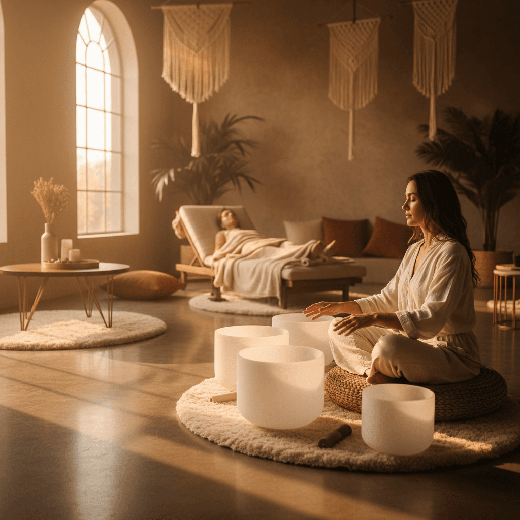 Nahaufnahme einer Person beim Obertonsingen in einer entspannten Umgebung, mit Lichteffekten, die Klangwellen andeuten. Das Bild fängt die Essenz von Soul Art und Larissa Steinbachs Fokus auf ganzheitliches Klang-Wellness ein.