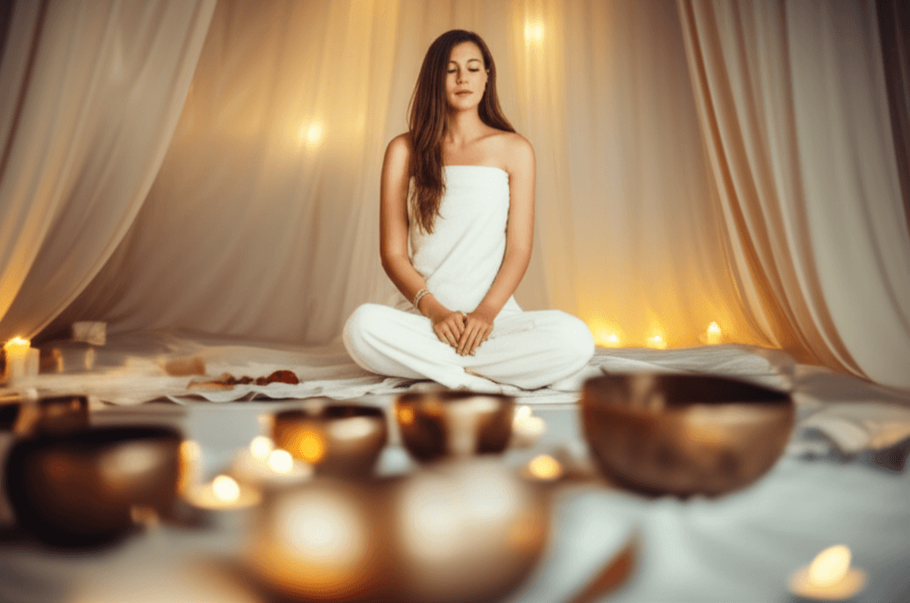 A person meditating in a serene sound wellness studio, surrounded by gentle light and therapeutic instruments, embodying recovery with Soul Art and Larissa Steinbach.
