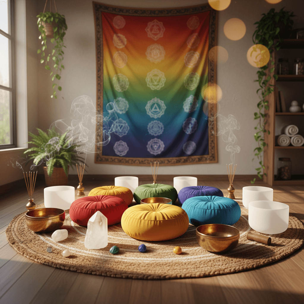 A woman experiencing a sound bath session at Soul Art Dubai, with crystal singing bowls creating vibrant frequencies. Larissa Steinbach's studio offers unique sound wellness experiences.