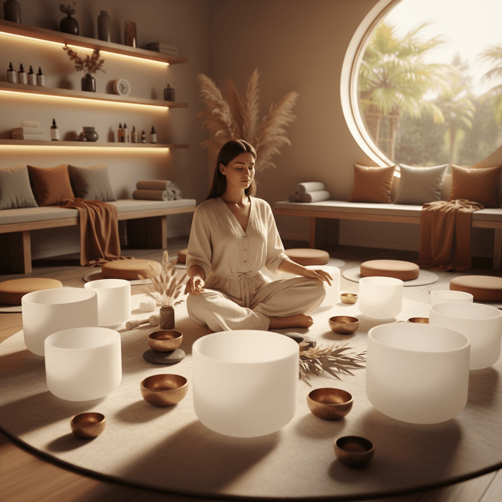A serene setting at Soul Art, featuring crystal singing bowls and gongs, illustrating the holistic wellness journey offered through Larissa Steinbach's session bundles.