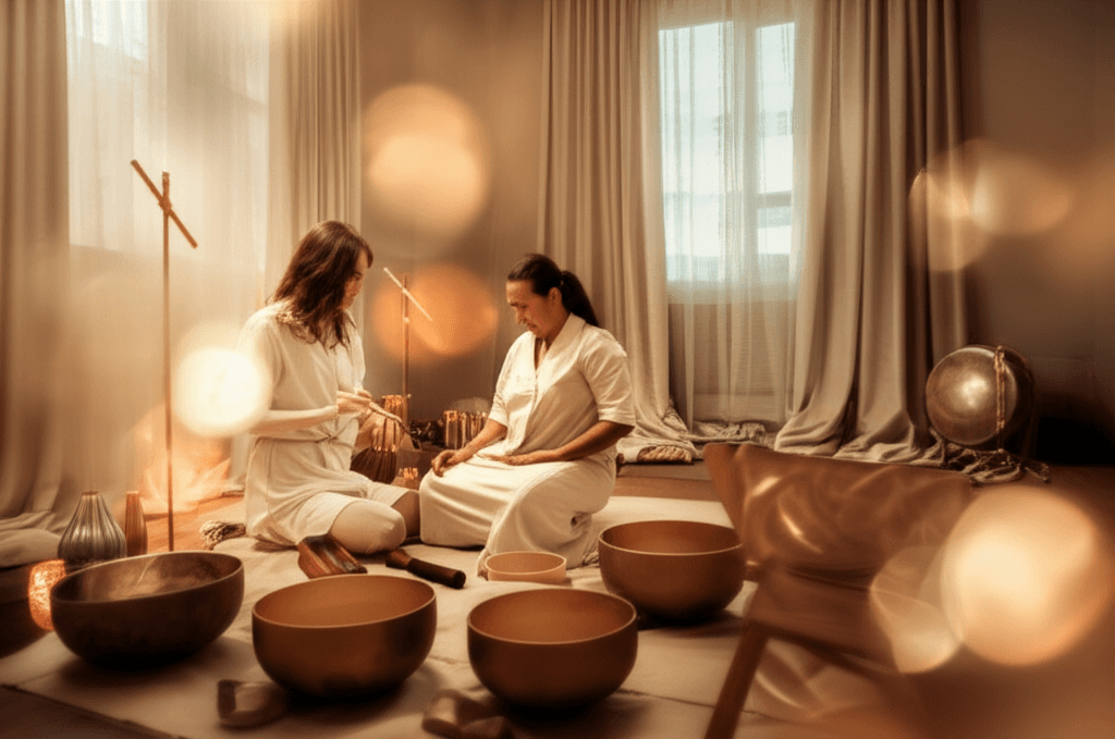 A parent and child playfully engaging with sound healing instruments at Soul Art Dubai, illustrating the benefits of parent-child sound bonding activities as championed by Larissa Steinbach.