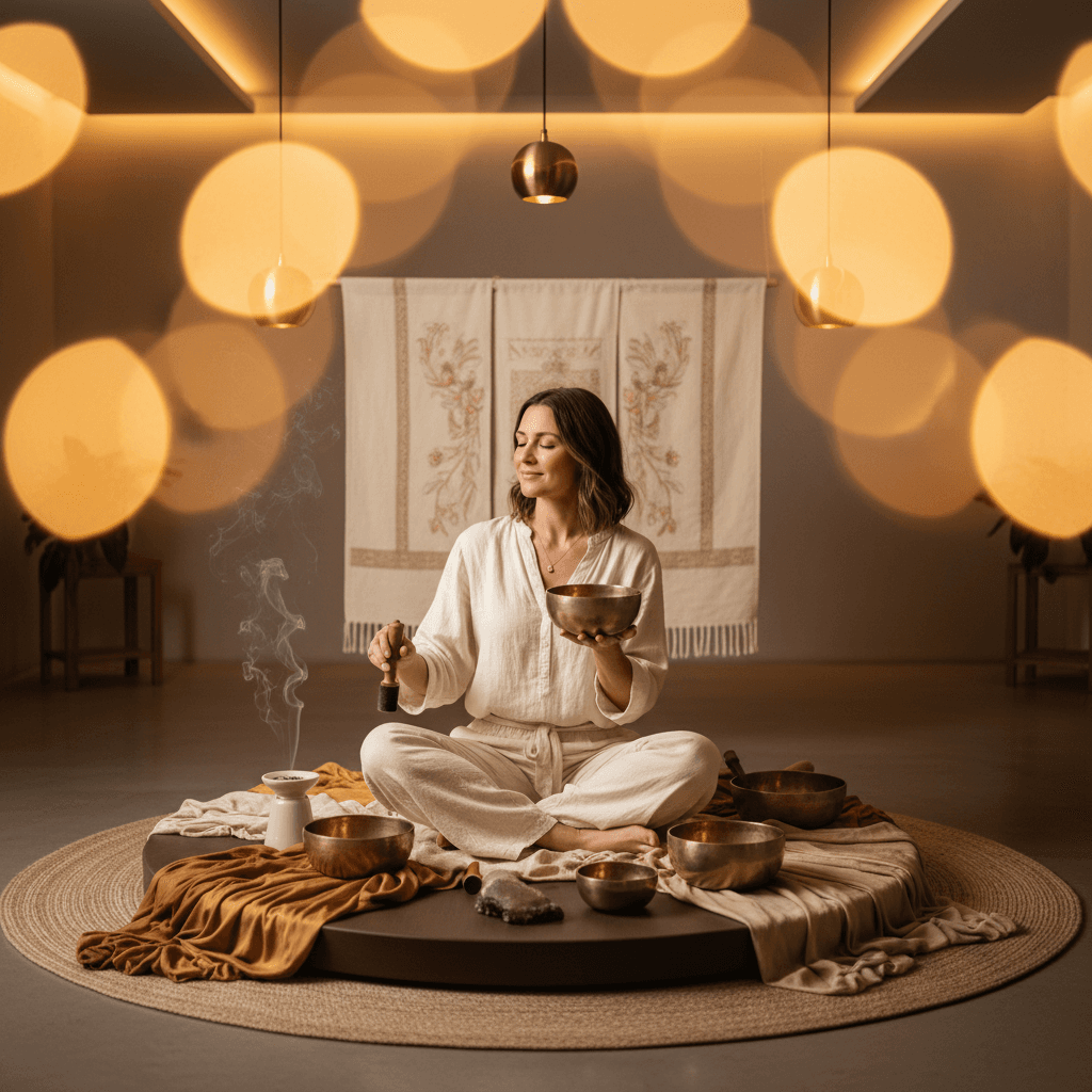 Ein beruhigendes Bild von Eltern, die die Hände ihrer Kinder halten, während sie gemeinsam entspannen, umgeben von sanften Klangwellen. Erleben Sie tiefgehende Entspannung und Partnerunterstützung durch Klang-Wellness bei Soul Art Dubai mit Larissa Steinbach.