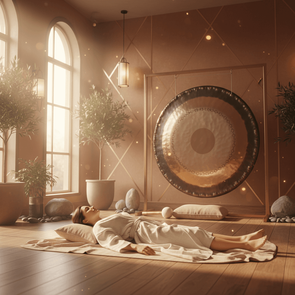 A serene sound bath session at Soul Art Dubai, led by Larissa Steinbach, offering deep relaxation for parents managing mental load and promoting holistic well-being.