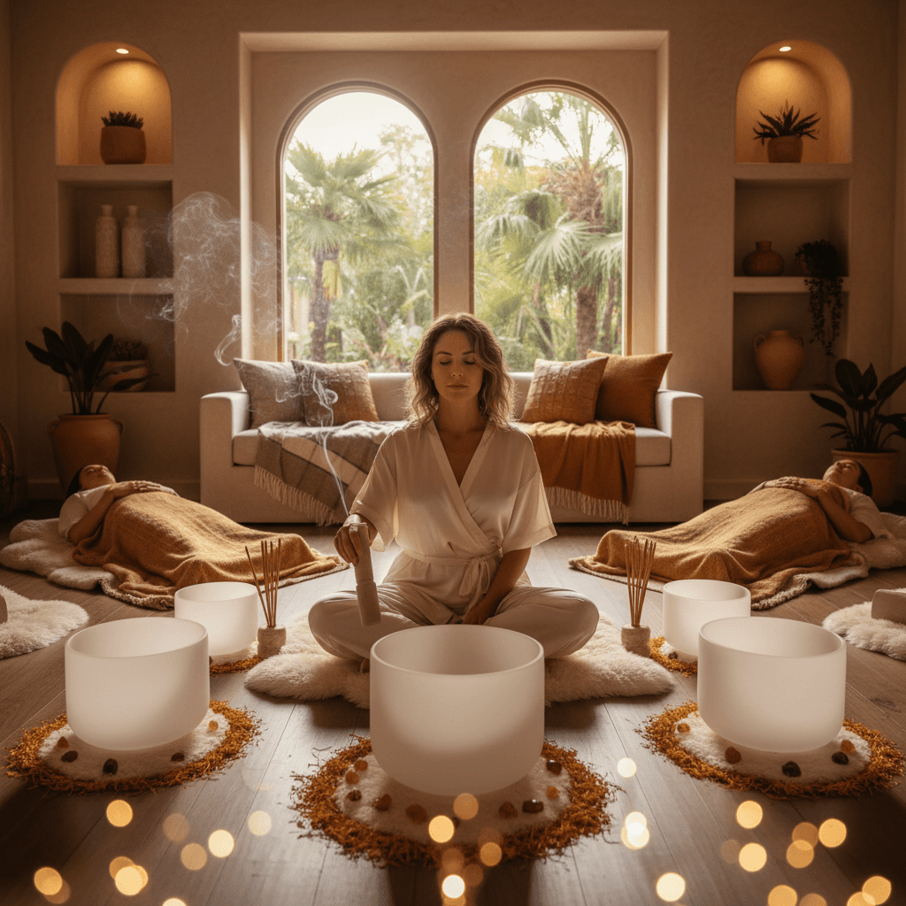 Larissa Steinbach's Soul Art studio, illustrating the harmonious integration of sound wellness within premier spa and wellness center partnerships in Dubai, enhancing holistic well-being through scientific methods.