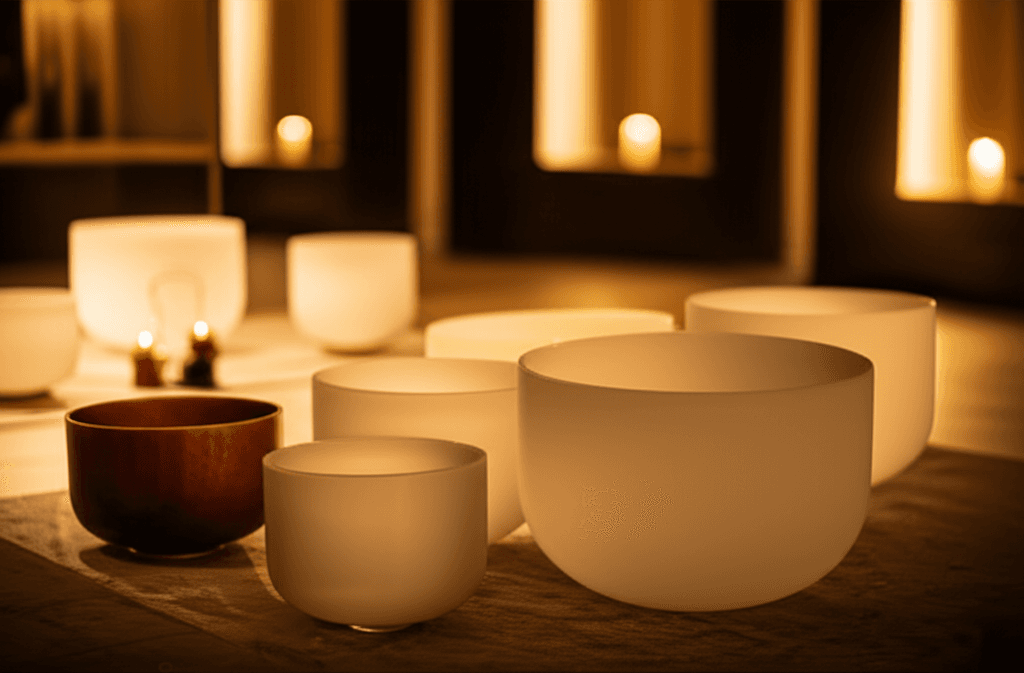 Eine Frau entspannt sich bei einer Klangmeditation, um hormonelle Balance bei PCOS zu unterstützen. Klangschalen und sanftes Licht im Soul Art Studio von Larissa Steinbach.