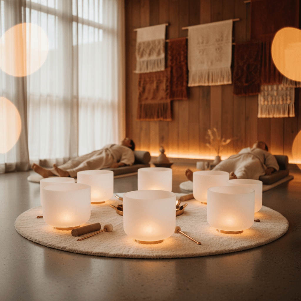 A tranquil sound bath experience with singing bowls at Soul Art Dubai, guided by Larissa Steinbach, promoting peace with mortality.