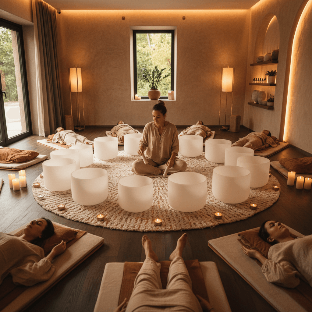 Larissa Steinbach of Soul Art Dubai, leading a transformative sound wellness session, illustrating the journey to peak experiences and transcendent states.