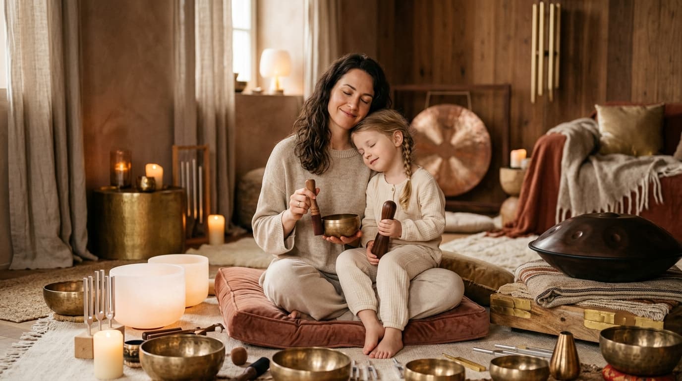 Soul Art Dubai founder Larissa Steinbach offering gentle sound wellness to a child in pediatric hospice, promoting peace and comfort through vibrational therapy.