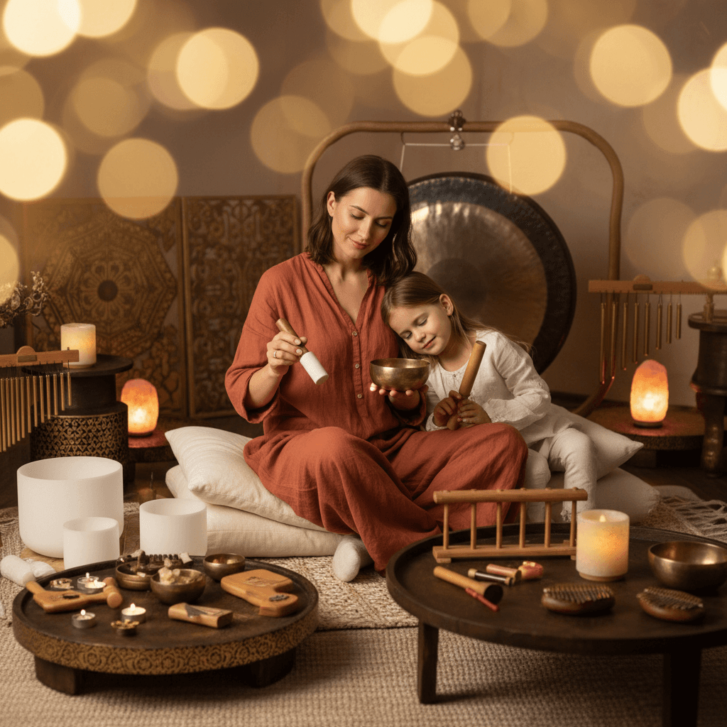 Larissa Steinbach of Soul Art leading a child-friendly sound wellness session in a serene, light-filled studio, demonstrating gentle therapeutic sound techniques for pediatric well-being.