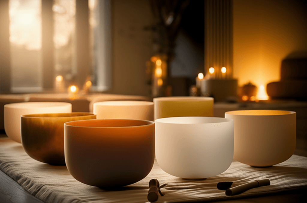 Larissa Steinbach from Soul Art Dubai leading a deeply relaxing sound healing session with crystal singing bowls and gongs, illustrating peer-reviewed sound wellness research.