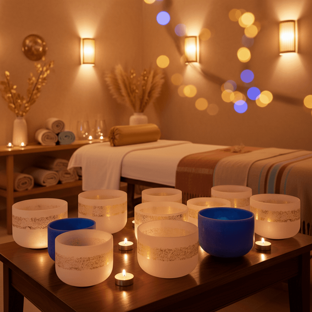 A serene setup at Soul Art Dubai for sound wellness, with crystal bowls and tuning forks used by Larissa Steinbach to address sleep issues like Periodic Limb Movement Disorder.