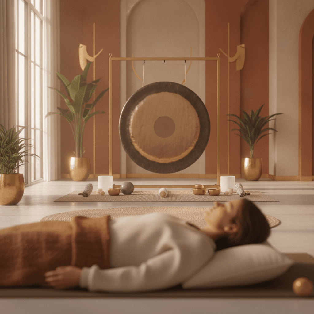 A Soul Art sound bath setup with crystal singing bowls and gongs, enhancing creative clarity through Larissa Steinbach's personalized sessions.
