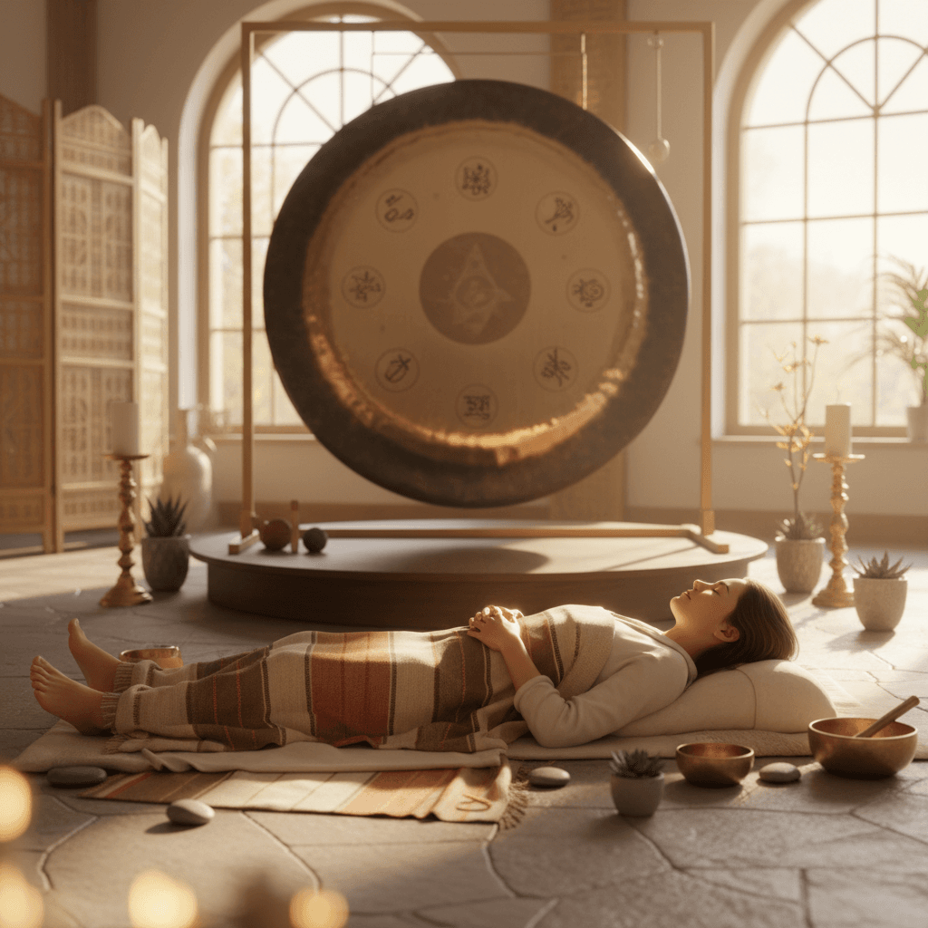 Larissa Steinbach guiding a personalized sound bath session at Soul Art, Dubai, featuring crystal singing bowls for emotional reset and profound relaxation.