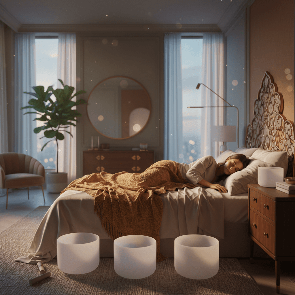 Larissa Steinbach leads a personalized sound bath session at Soul Art Dubai, with crystal singing bowls creating a serene, sleep-supporting environment.