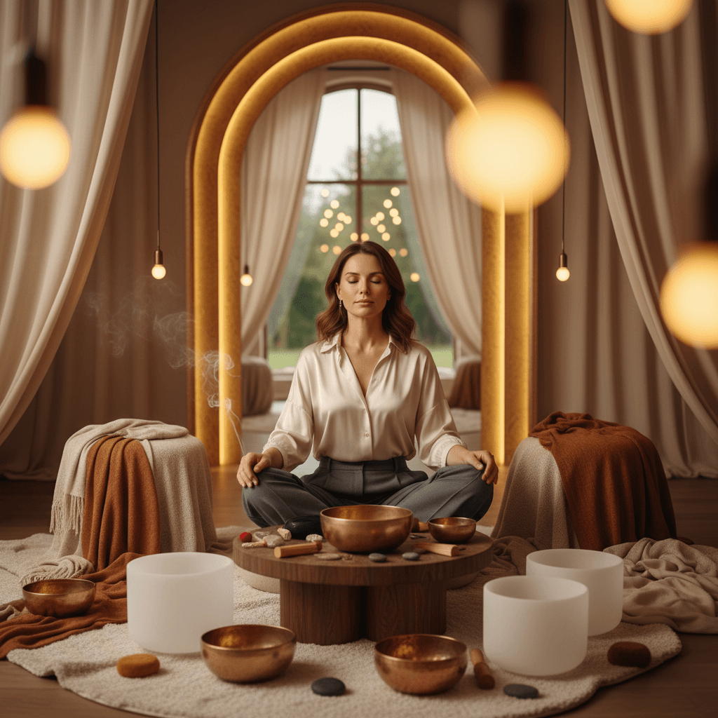 Larissa Steinbach facilitating a personalized sound bath session at Soul Art Dubai, surrounded by crystal singing bowls for stress recovery and deep relaxation.