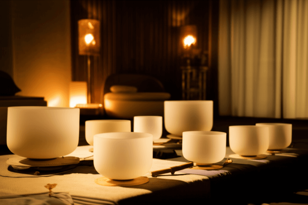 Klangschalen-Meditation für Trost bei Tierverlust. Eine Klientin erlebt tiefe Entspannung während einer Klangheilungssitzung bei Soul Art Dubai, geleitet von Larissa Steinbach, zur Bewältigung von Trauer und zur Förderung seelischer Regeneration.