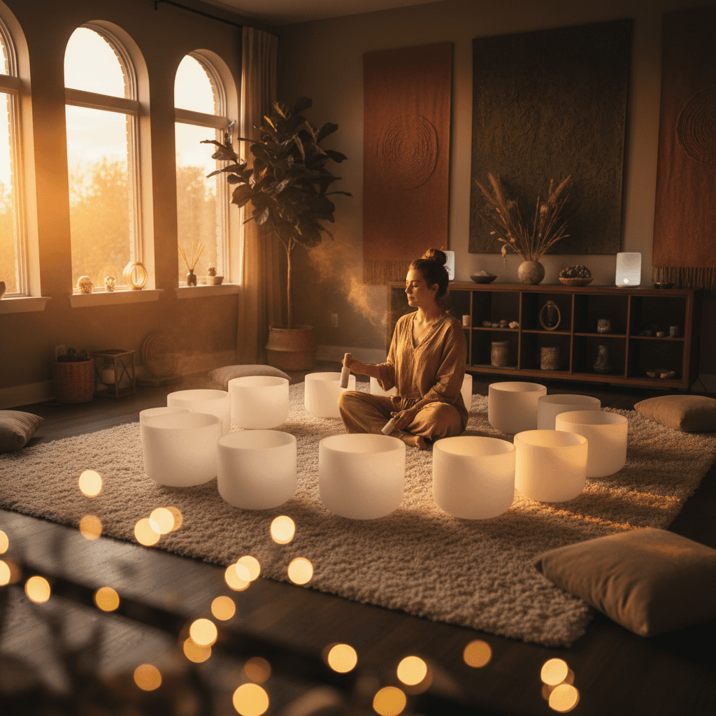 A person meditating during a sound bath, with crystal singing bowls and gongs. Soul Art and Larissa Steinbach focus on sound integration for longevity.
