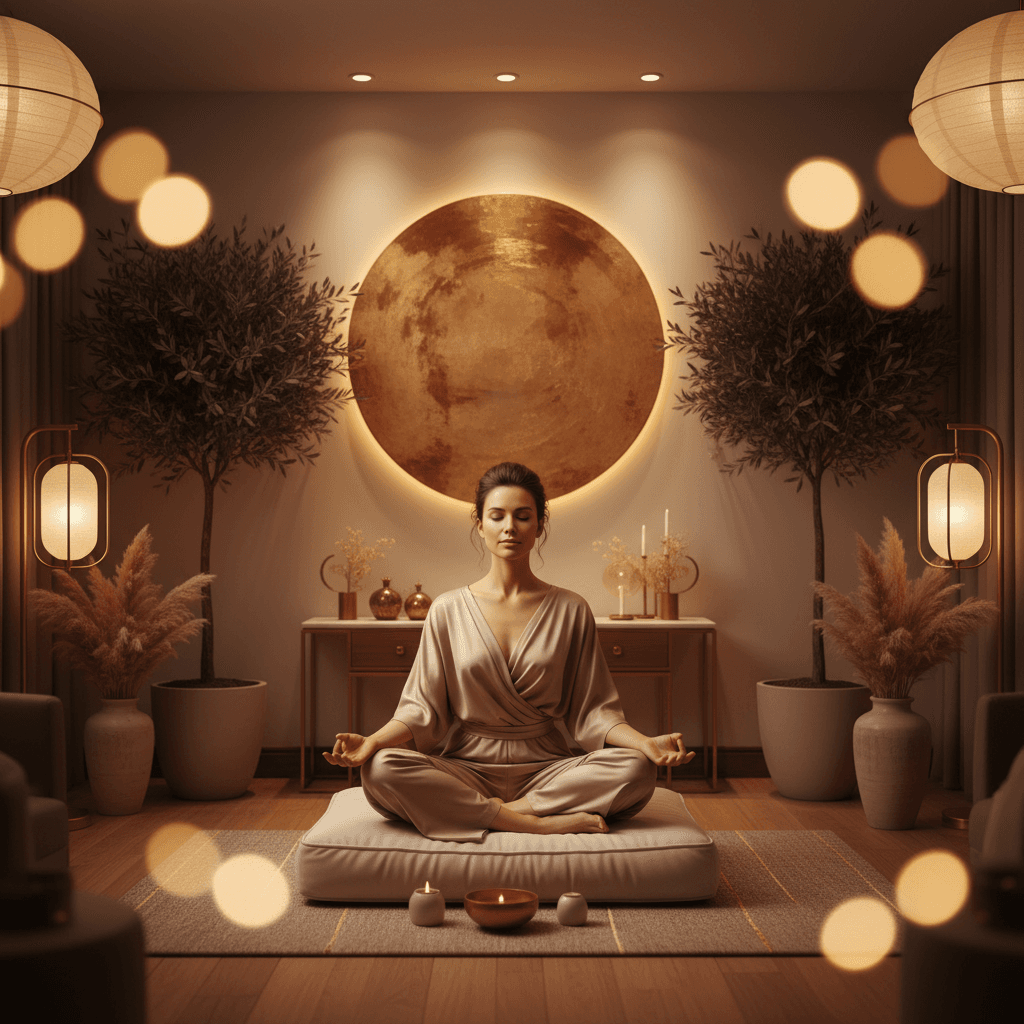 Ein abstraktes, beruhigendes Bild, das die Synchronisation von Gehirnwellen durch Klang symbolisiert, mit Elementen, die an Soul Art und Larissa Steinbachs Wellness-Praktiken erinnern, zur Förderung von Entspannung und kognitiver Harmonie.