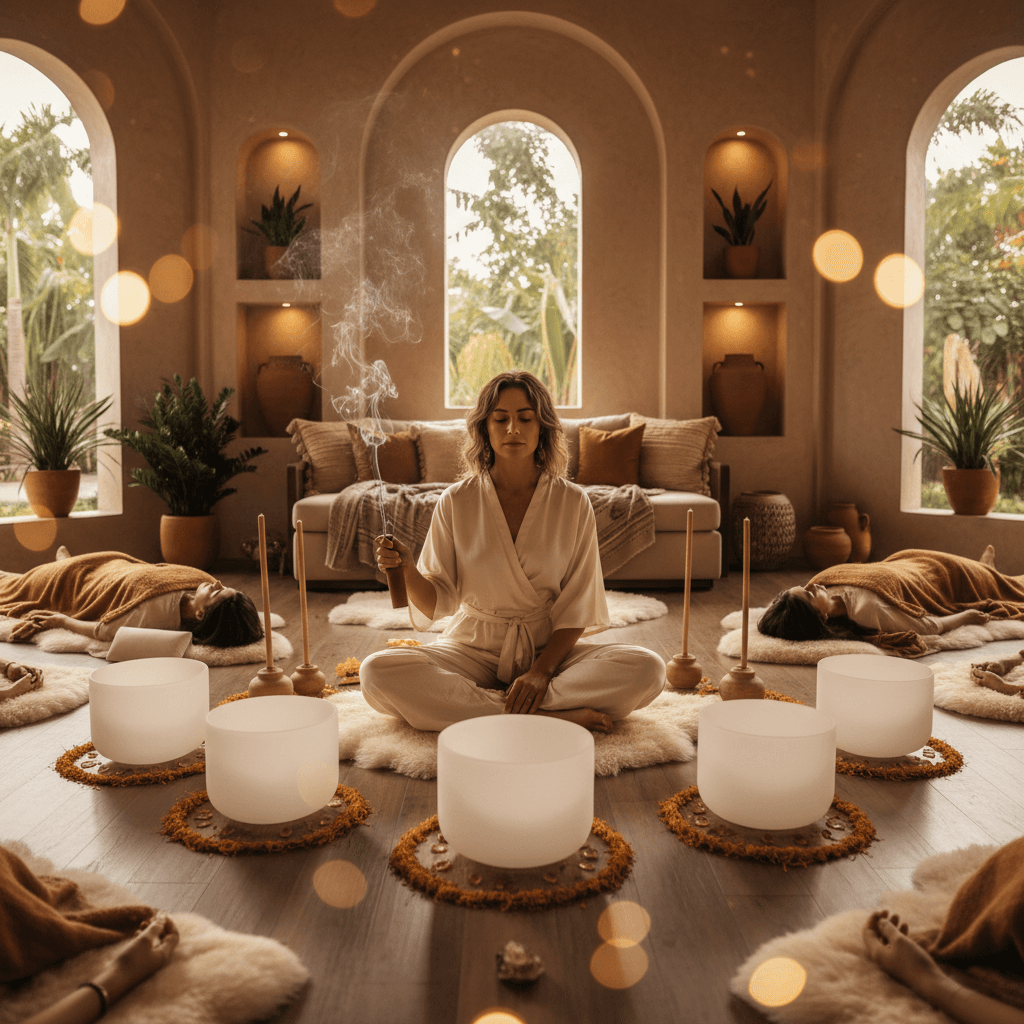 Eine Person sitzt entspannt während einer Klang-Wellness-Sitzung, um Phobien durch Desensibilisierung zu begegnen, bei Soul Art mit Larissa Steinbach.