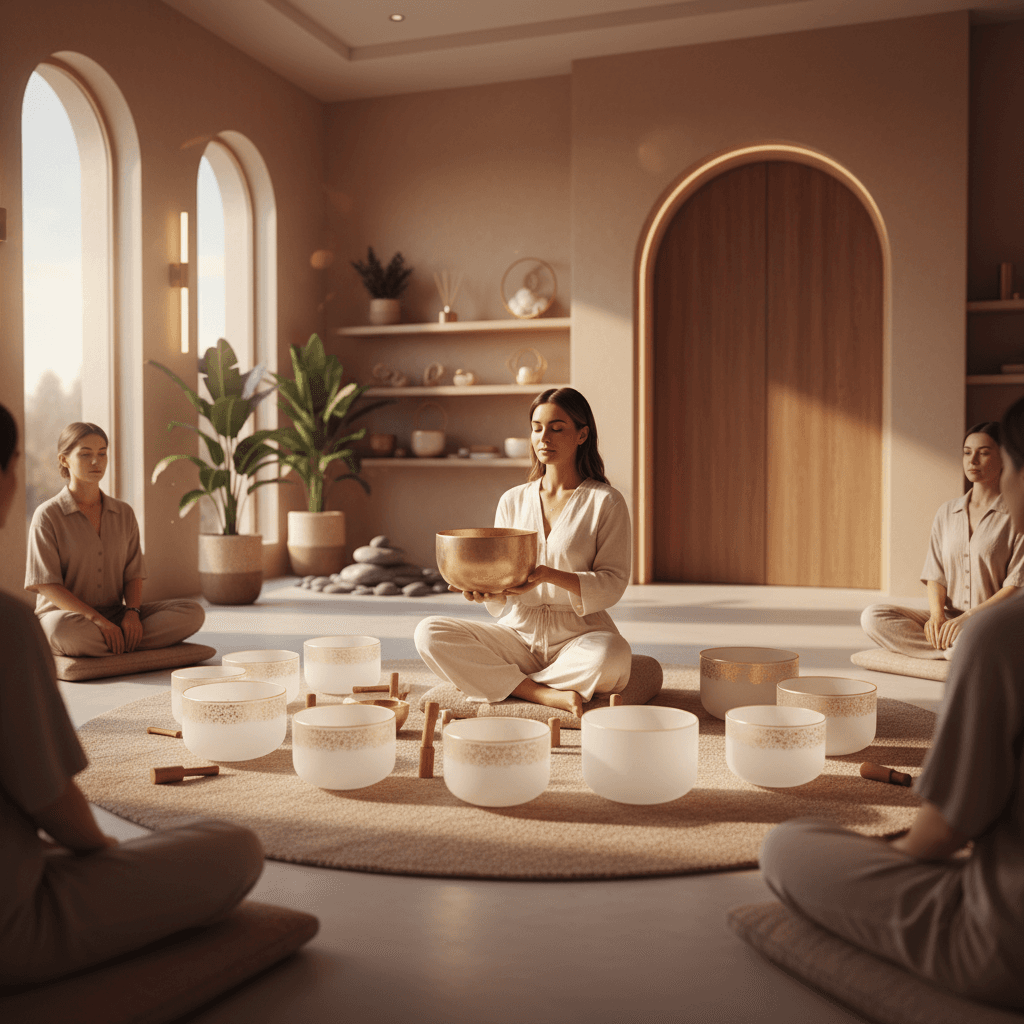 Larissa Steinbach from Soul Art Dubai leading a sound wellness session, with a photographer engaging their senses for enhanced visual awareness and creative flow.
