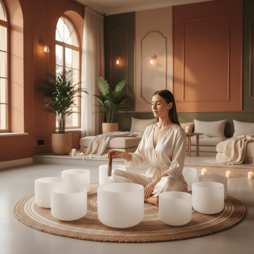 A tranquil scene of ancient ruins bathed in soft light, evoking spiritual resonance and well-being through sound, reflecting the holistic approach of Soul Art by Larissa Steinbach.