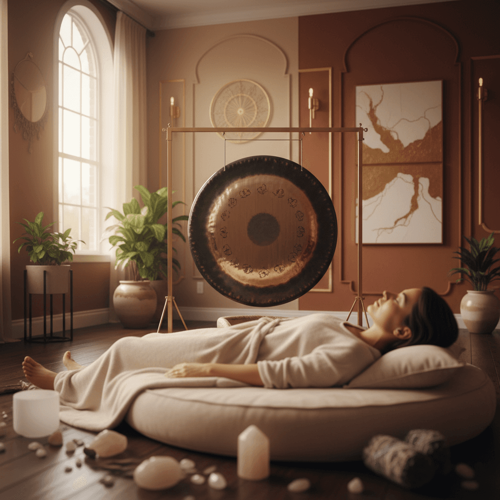 A person in a meditative pose surrounded by glowing sound bowls and gentle light, representing the deep relaxation experienced at Soul Art Dubai with Larissa Steinbach.